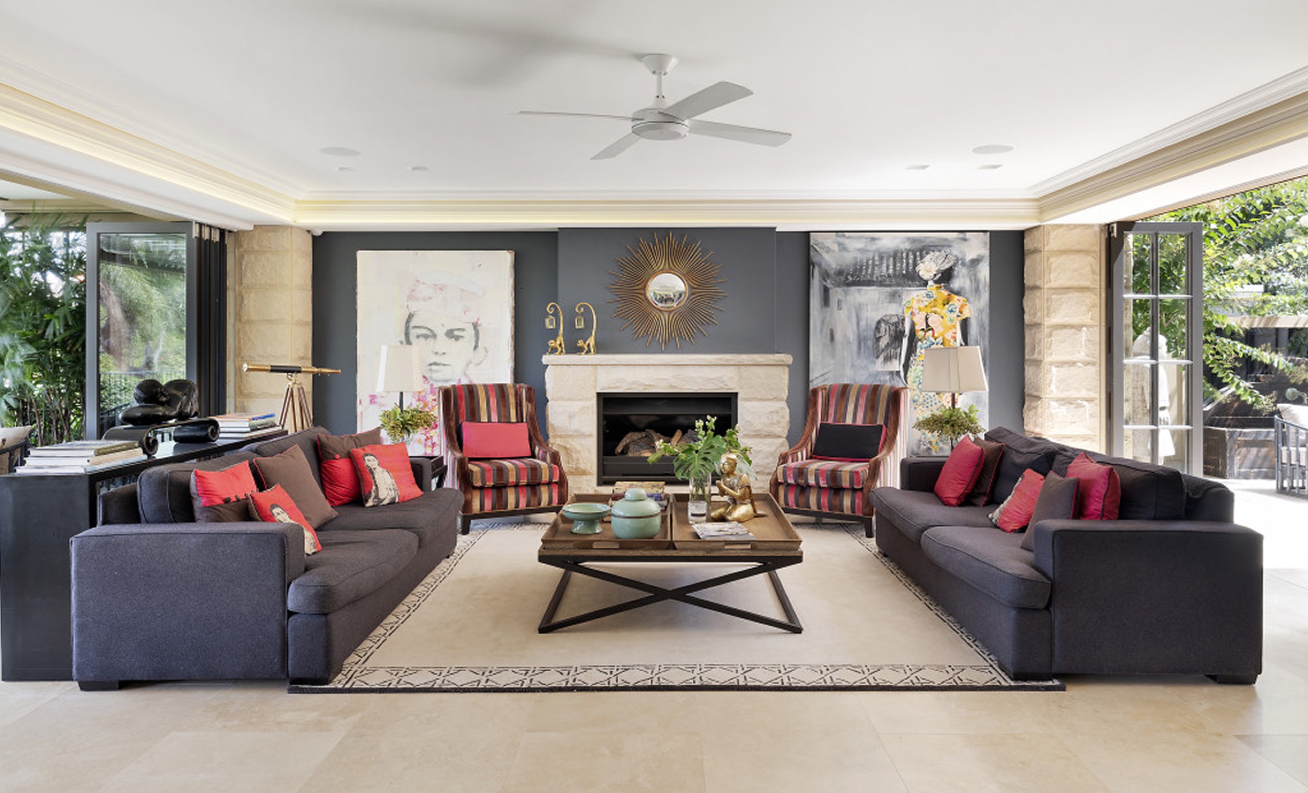 Formal living room with twin lounges at Clanalpine St, Mosman by Sydneyside Contracting