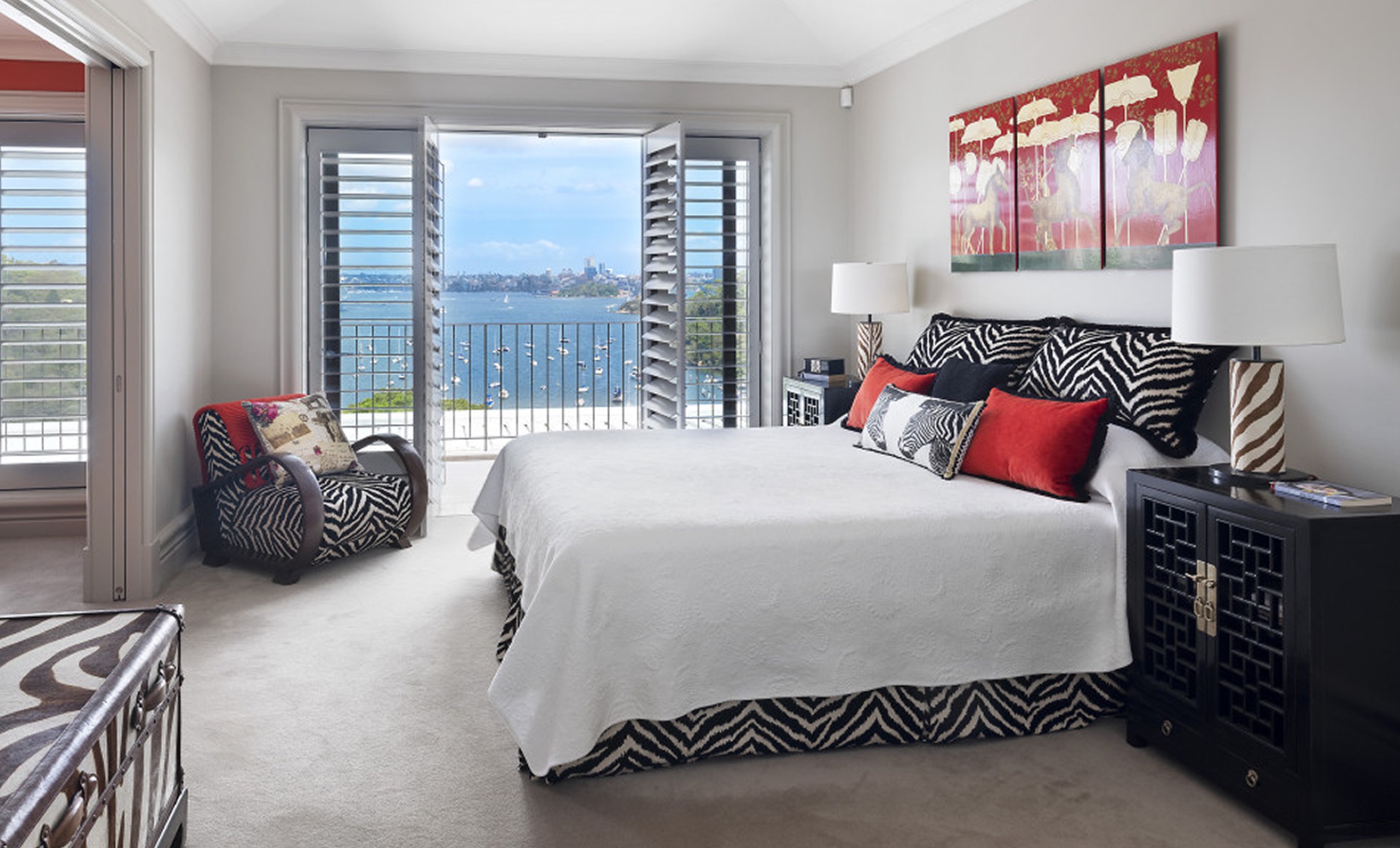 Bedroom with harbour view at Clanalpine St, Mosman by Sydneyside Contracting
