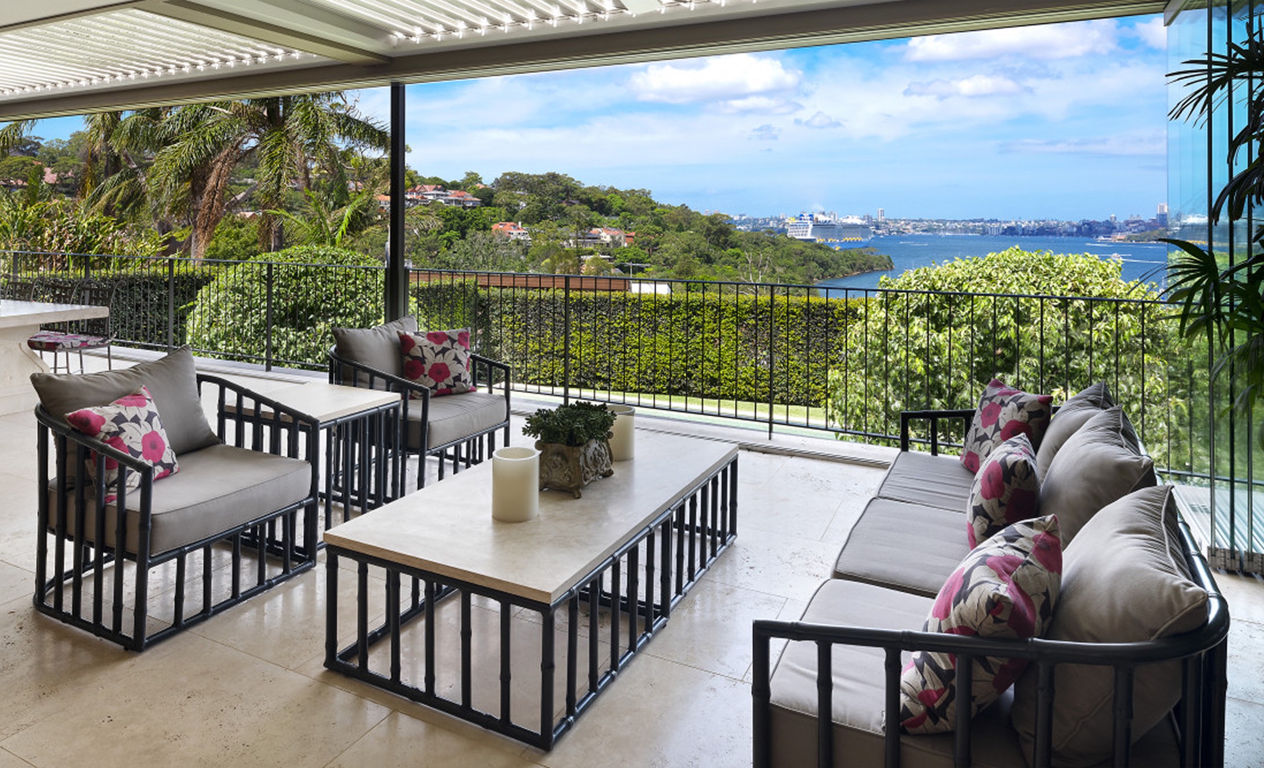 Covered terrace with harbour views at Clanalpine St, Mosman by Sydneyside Contracting