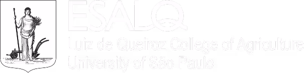 ESALQ emblem with woman holding a spear and agriculture tools, text of Luiz de Queiroz College, University of São Paulo.