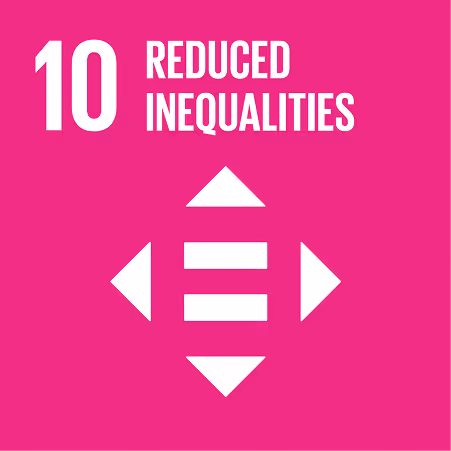 White number 10 and text 'Reduced Inequalities' with arrows pointing up, down, left, and right on pink background.