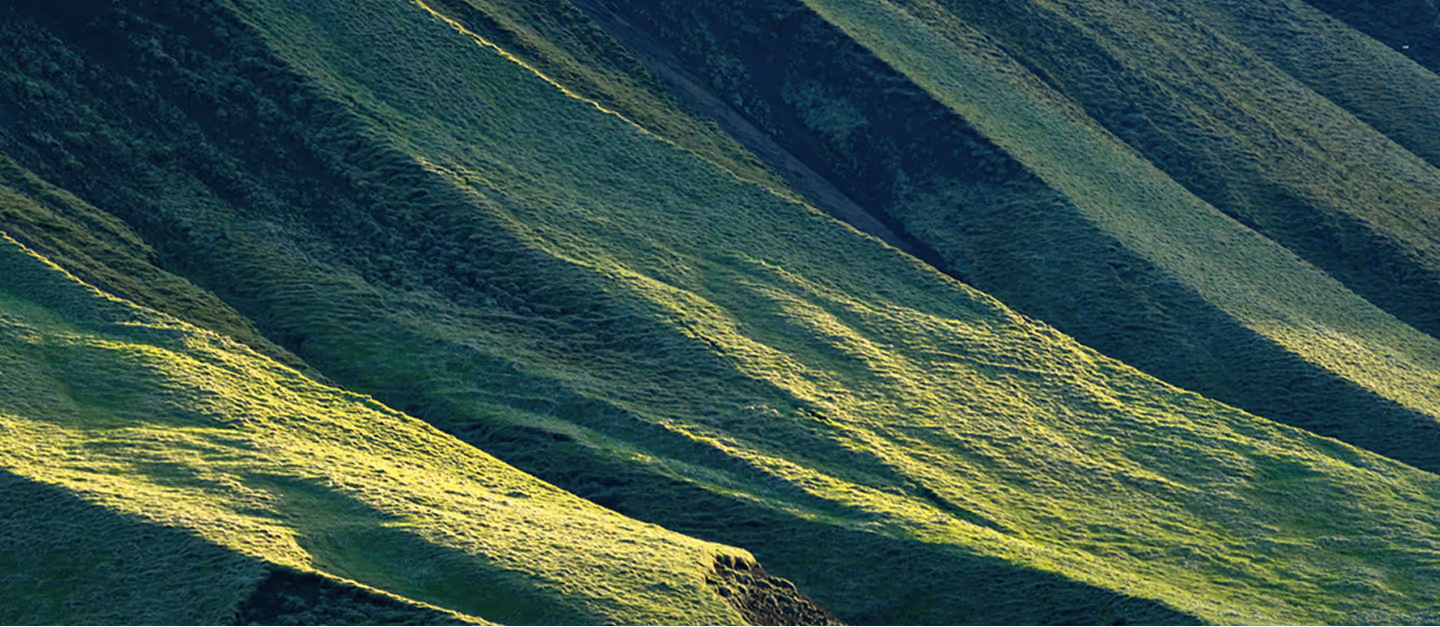 Sunlit green grassy hills with shadows highlighting their ridged contours.