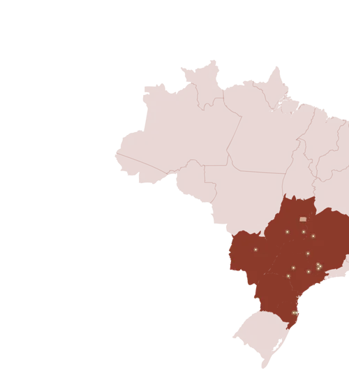 Map of Brazil with multiple white dots marking project locations mainly in the southeast region.