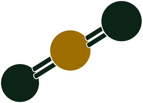 Molecular structure with two dark green spheres double bonded to a central brown sphere.