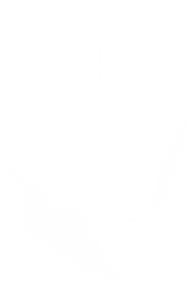 Black abstract shape with white dotted and striped patterns on a white background.
