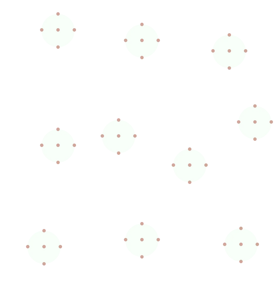 Black background with a grid of light green circles each having five small brown dots evenly spaced inside.