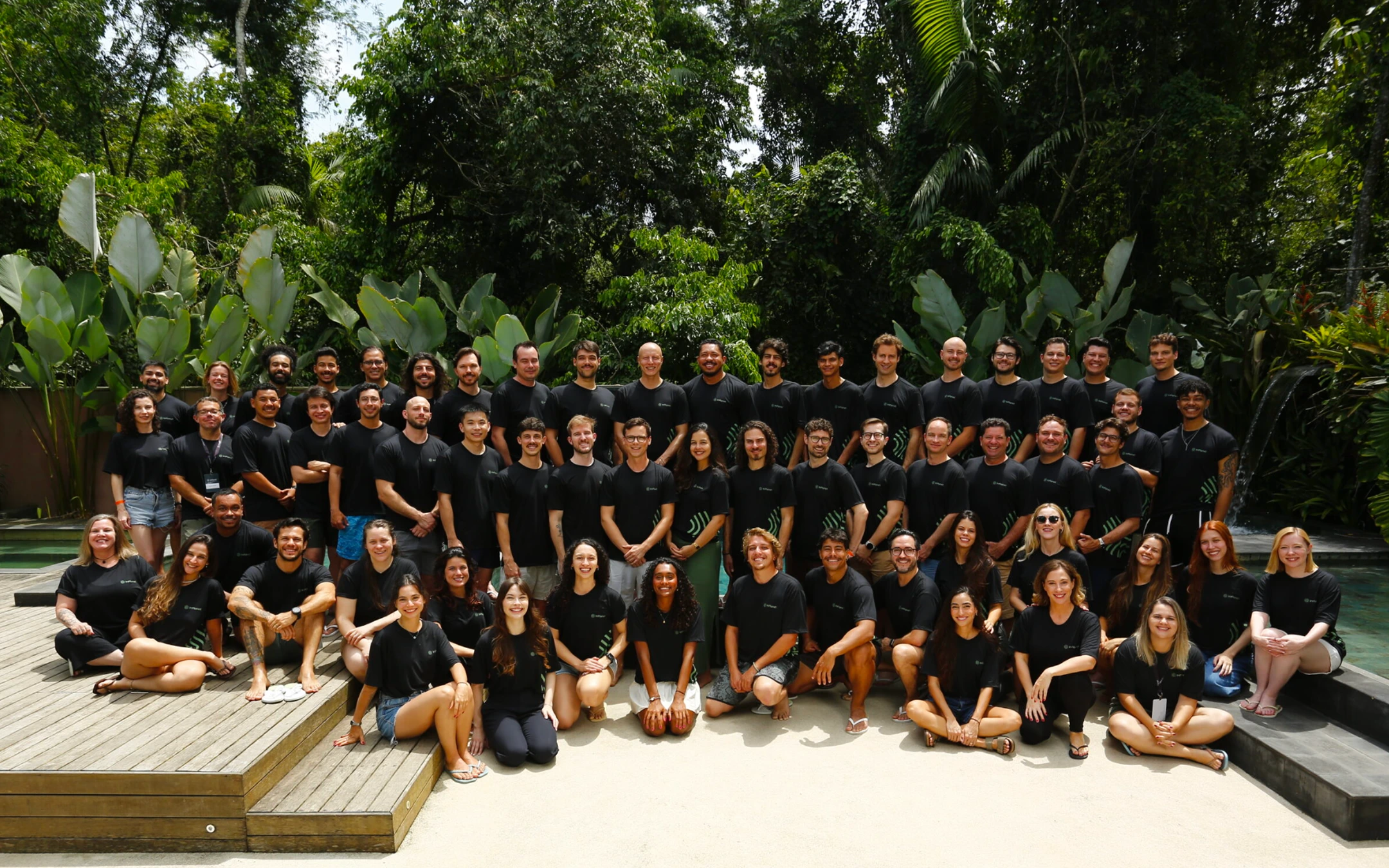 Large group of people wearing black shirts posing outdoors near pool and tropical plants.