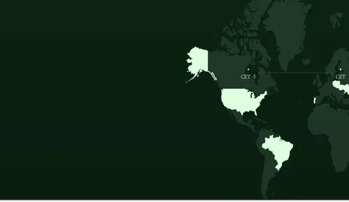 World map focusing on North America and Europe with CET and CET-5 time zone labels.