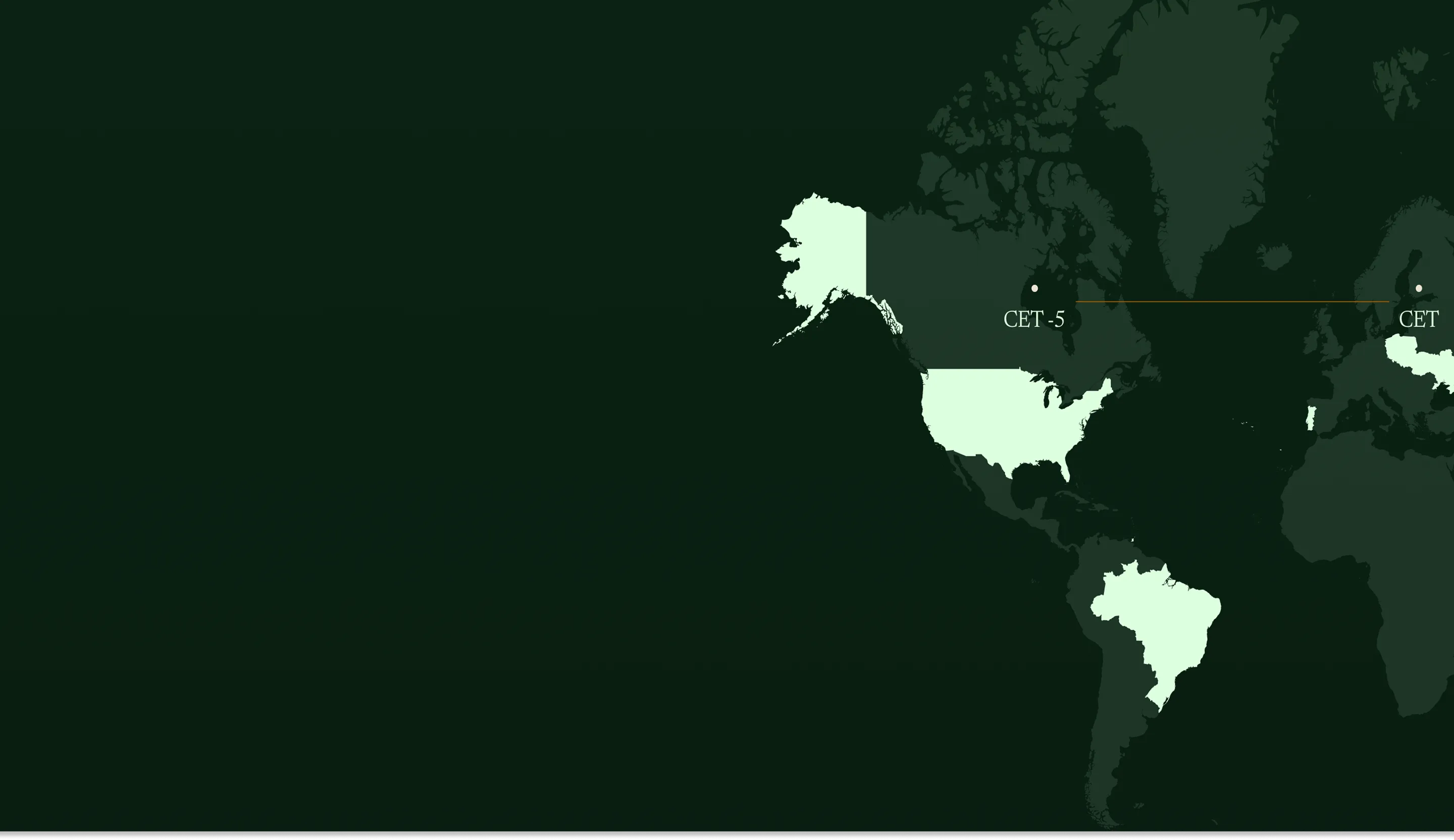 World map focusing on North America and Europe with CET and CET-5 time zone labels.
