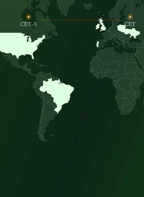 World map highlighting U.S. and Brazil with CET -5 and Europe with CET time zones.