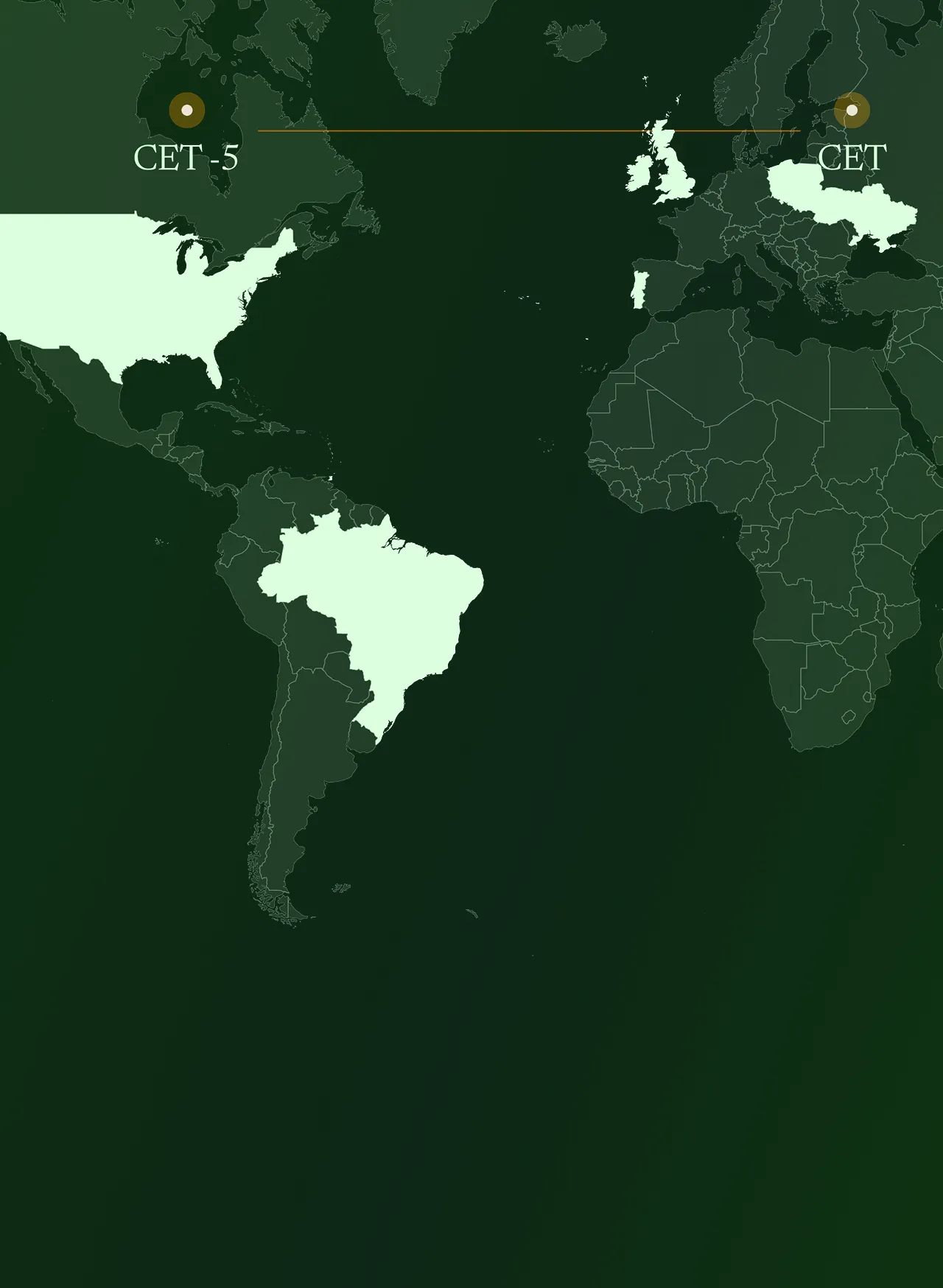 World map highlighting U.S. and Brazil with CET -5 and Europe with CET time zones.