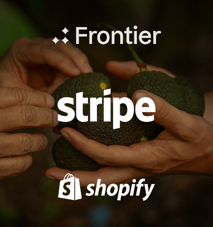 Hands holding several avocados with Frontier, Stripe, and Shopify logos overlaid.