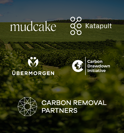 Logos of Mudcake, Katapult, Übermorgen, Carbon Drawdown Initiative, and Carbon Removal Partners over farmland.