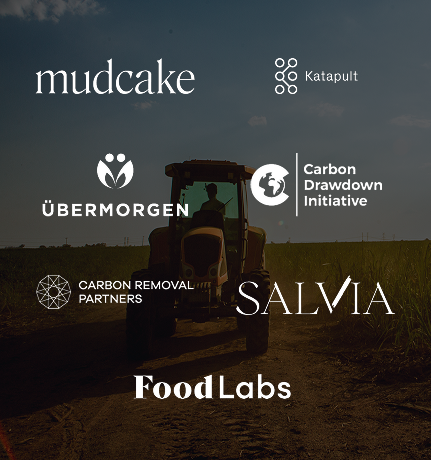 Photo containing logos for Mudcake, Katapult, Übermorgen, Carbon Drawdown Initiative, Carbon Removal Partner, Salvia & FoodLabs