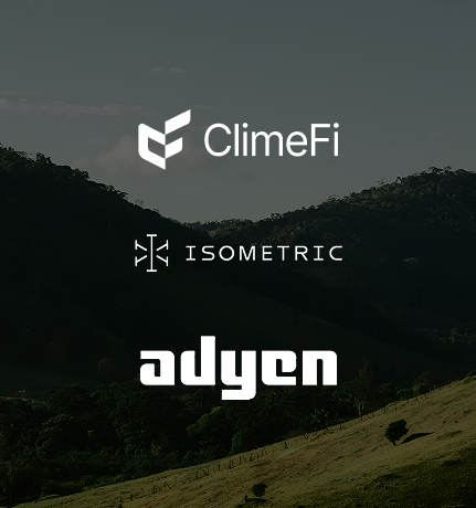 Logos of ClimeFi, ISOMETRIC, and adyen displayed over a hilly landscape background.