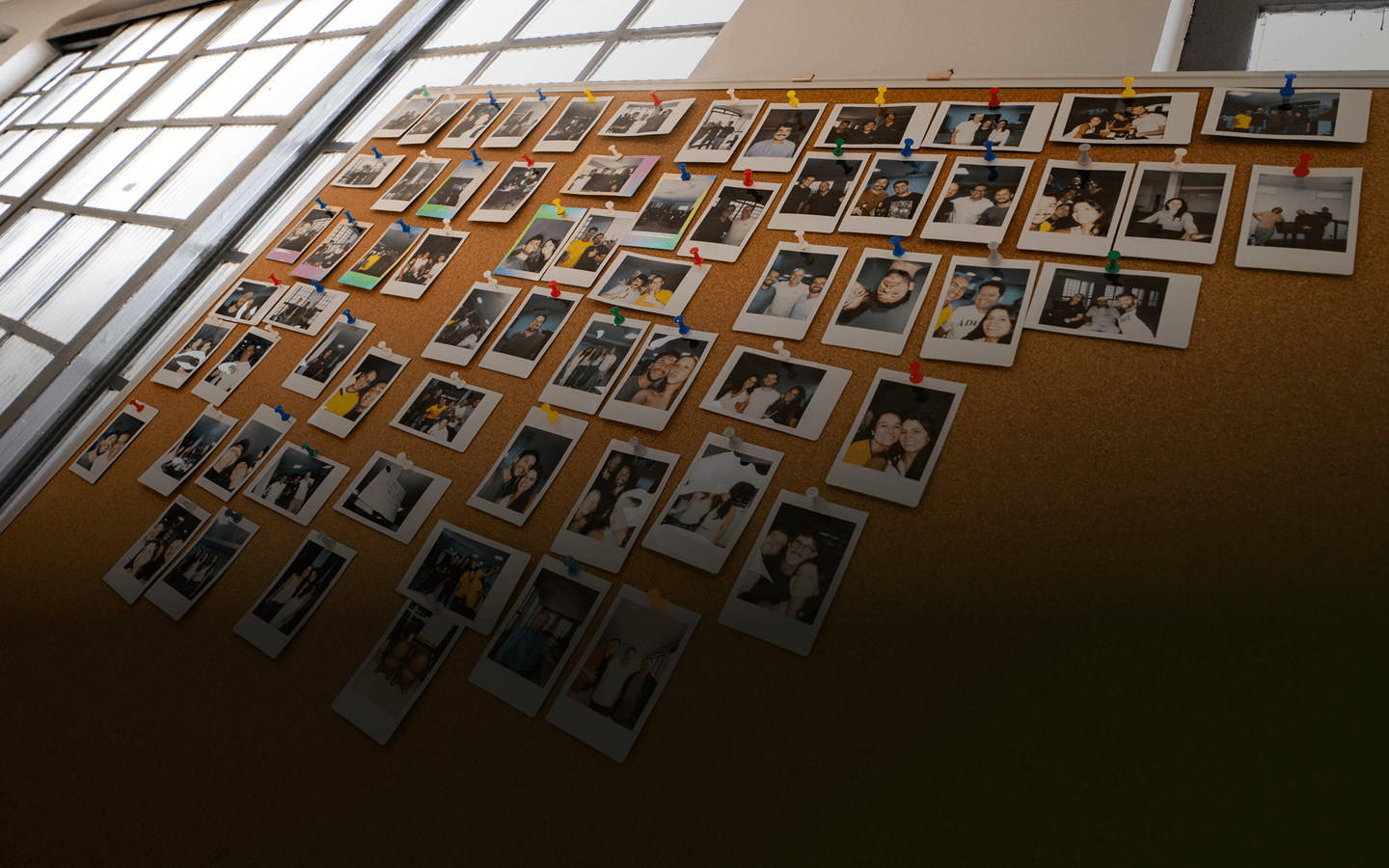 Corkboard with many pinned Polaroid photos of people in groups and pairs under a bright window.