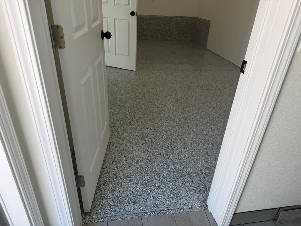 Gravel flake floor and flake-coated stem walls in the back room of the Yucaipa garage