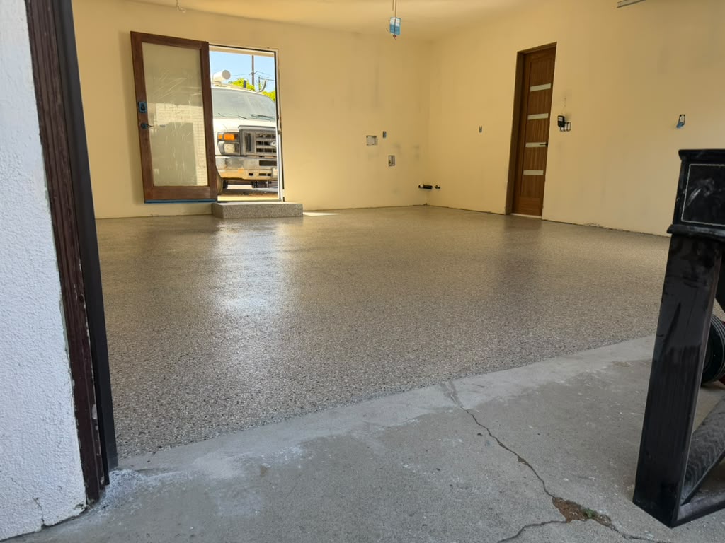 Creekbed flake polyaspartic floor in a 400 square foot Torrance garage