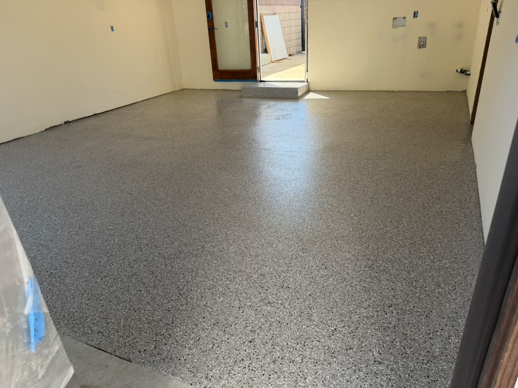 Glossy Creekbed flake garage floor, with the coated step at the side door