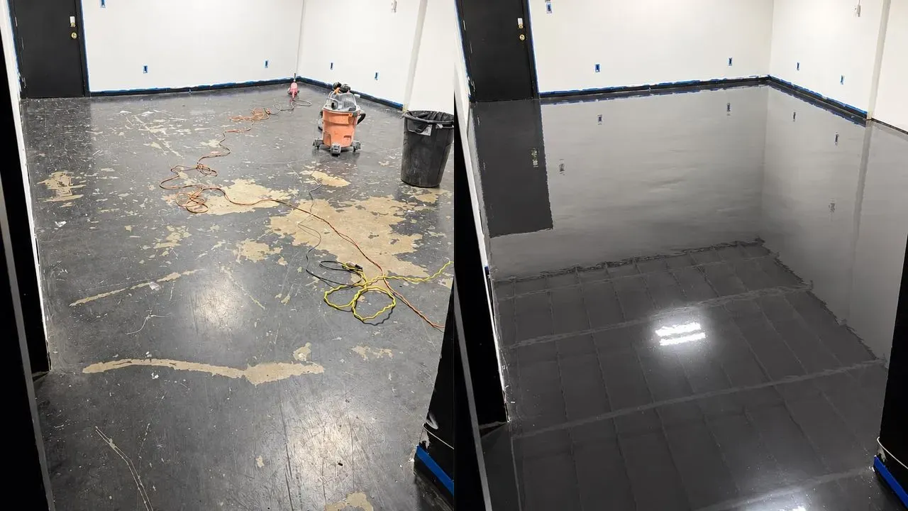 Before and after of a Los Angeles warehouse storage room, from a worn, peeling black coating to a high-gloss black polyaspartic floor