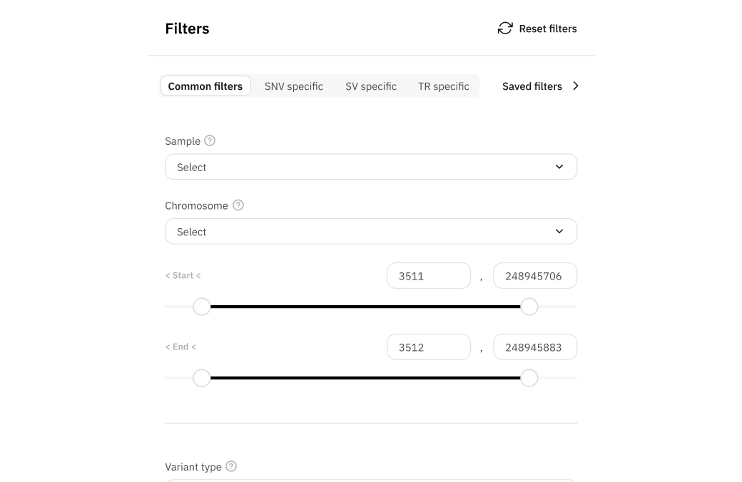 Lucid Genomics filter panel with sample, chromosome and genomic coordinate range controls