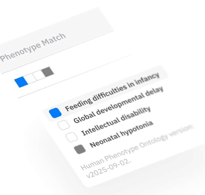 Lucid Genomics phenotype-match panel listing Human Phenotype Ontology terms for a case