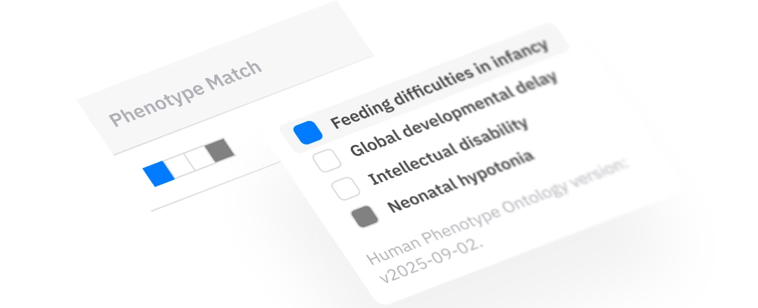 Lucid Genomics phenotype-match panel listing Human Phenotype Ontology terms for a case