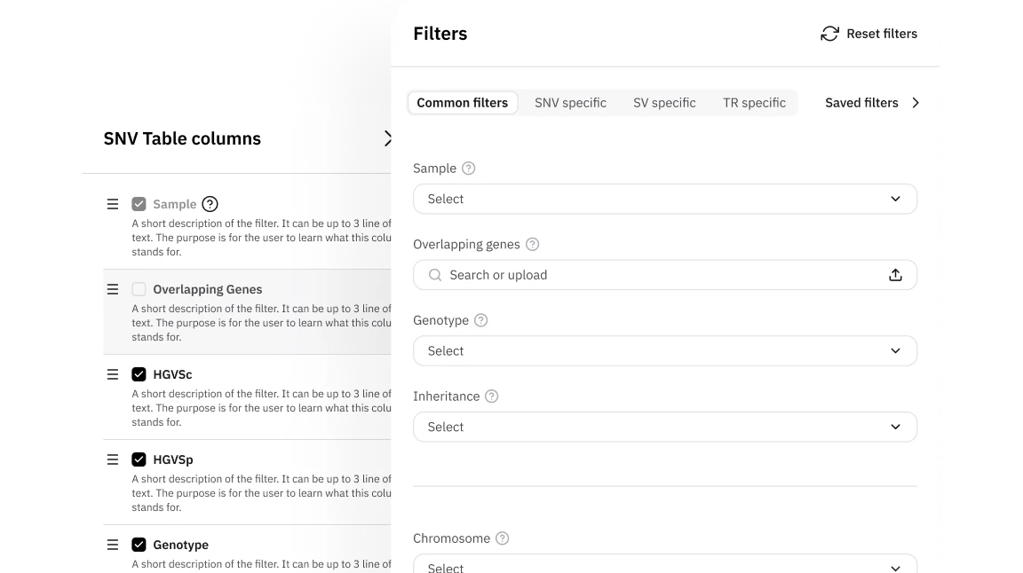 Lucid Genomics filter panel with sample, gene, genotype and inheritance filters and SNV table column settings