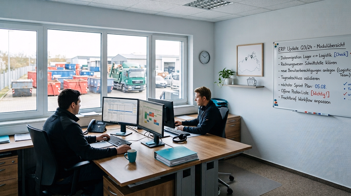 Zwei Mitarbeiter arbeiten im Büro eines Entsorgungsbetriebs an Bildschirmen, durchs Fenster sind Container und ein Lkw auf dem Betriebshof zu sehen.