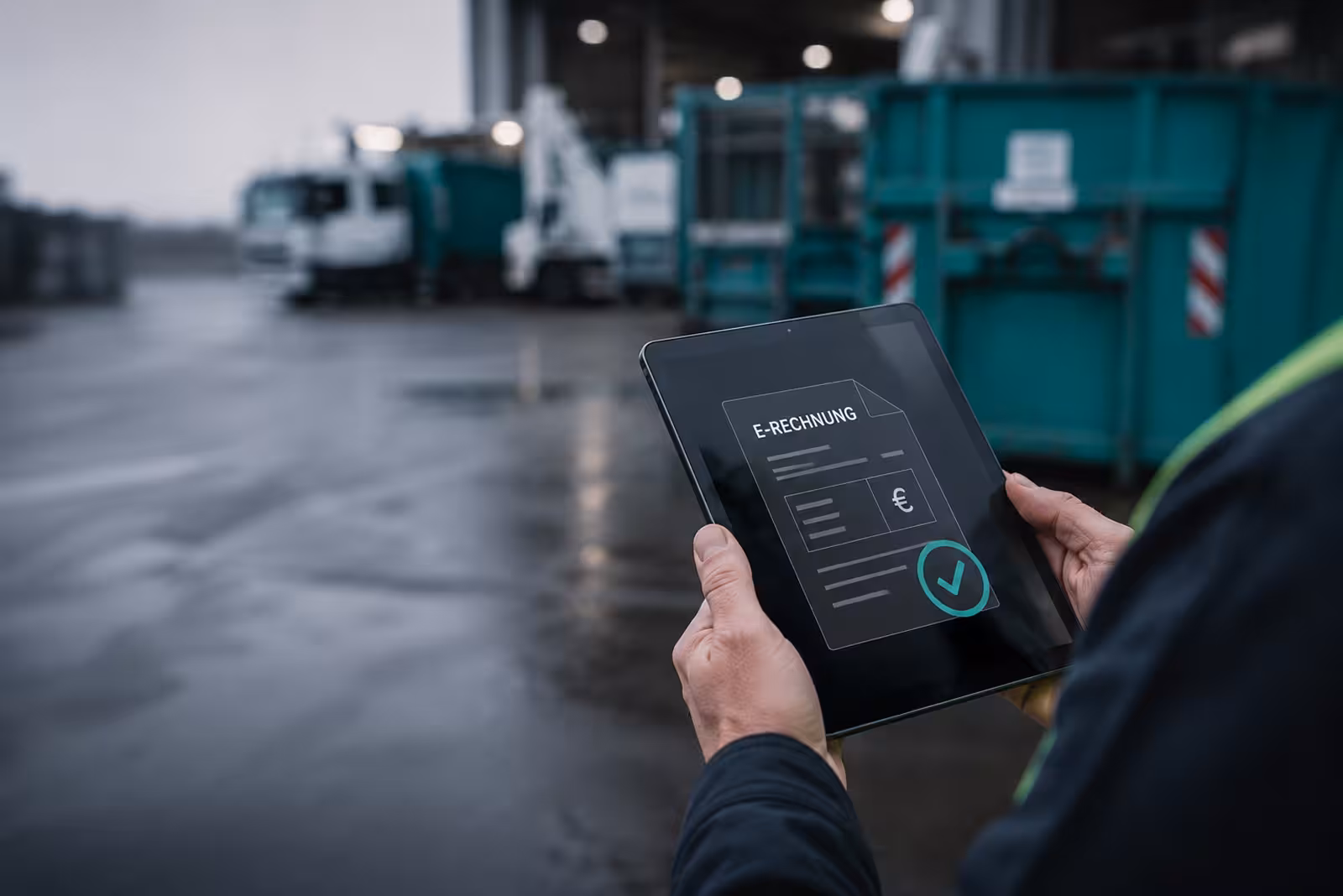 Hand hält ein Tablet mit einer freigegebenen E-Rechnung, im Hintergrund stehen Abrollcontainer und Lkw auf einem regennassen Betriebshof.