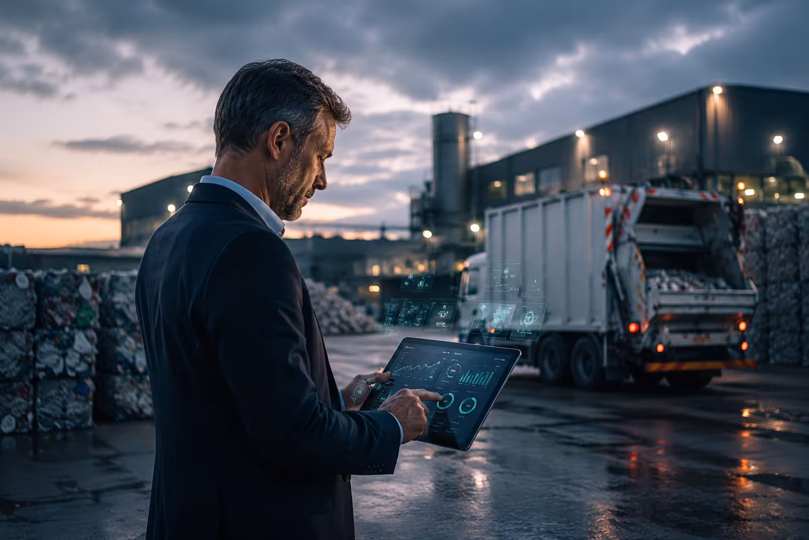 Mann im Sakko bedient ein Tablet mit digitalen Auswertungen auf dem Gelände einer Recyclinganlage, neben ihm ein Müllfahrzeug und gepresste Wertstoffballen.