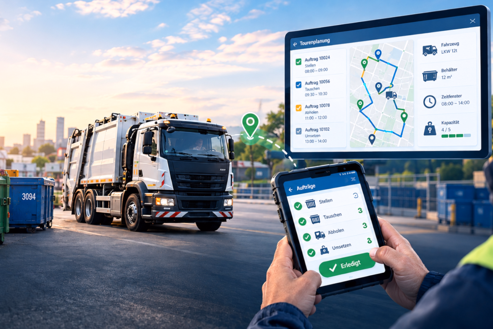 Tablet mit Tourenplanung, Auftragsliste und Kartenansicht mit Route, im Hintergrund fährt ein Müllfahrzeug über den Betriebshof.