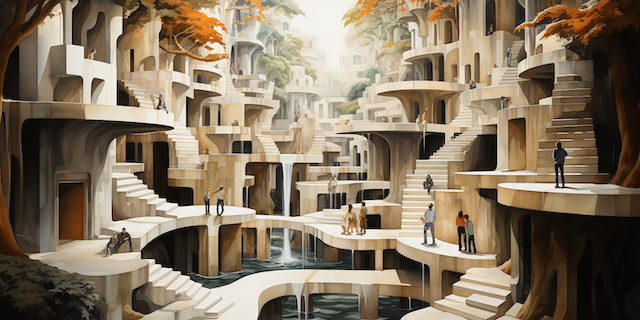 ein Aquarellgemälde eines verträumten Labyrinths, das den Surrealismus von MC Escher widerspiegelt, mit Schatten von Menschen, die an Kreuzungen tanzen und begeistert aussehen; neutrale Farbtemperatur; Ausdruck von Glück und Zufriedenheit