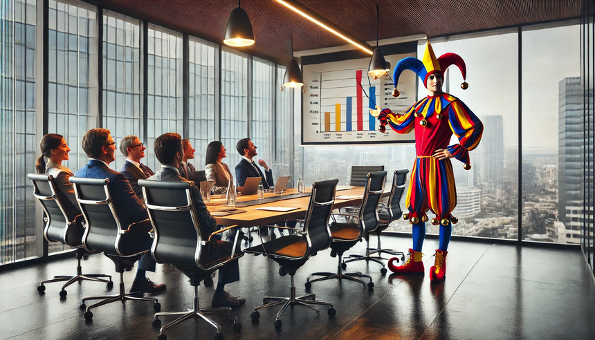 Ein als Narr verkleideter Coach leitet eine humorvolle Coaching-Session mit Geschäftsleuten in einem modernen Büro, wobei Humor und Coaching kombiniert werden. Gruppe von Mitarbeitenden reagiert mit Neugier und Amüsement.