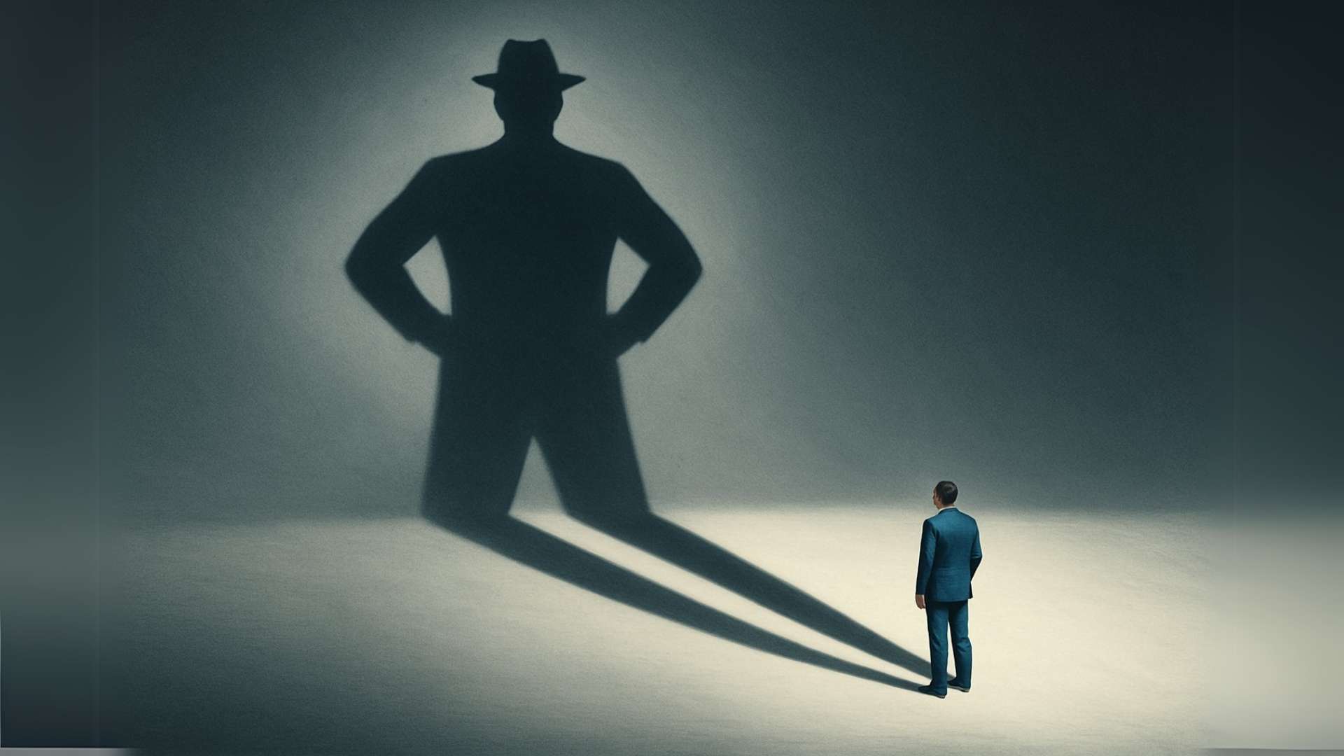 A a surreal digital illustration of a small businessman in a blue suit standing alone on a smooth, white floor, casting an enormous, sharply defined shadow. The shadow forms the silhouette of a confident, powerful figure with arms on hips, wearing a fedora, symbolizing ambition, leadership, or inner strength. The background is a soft gradient from light gray at the bottom to dark gray at the top, giving the image a dramatic spotlight effect. The scene should evoke a metaphor for potential, personal growth, or psychological contrast between self-perception and capability.