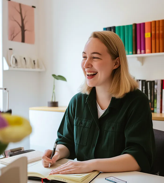 Smiling woman with blonde hair writing in a notebook at a desk with books and decor in background.