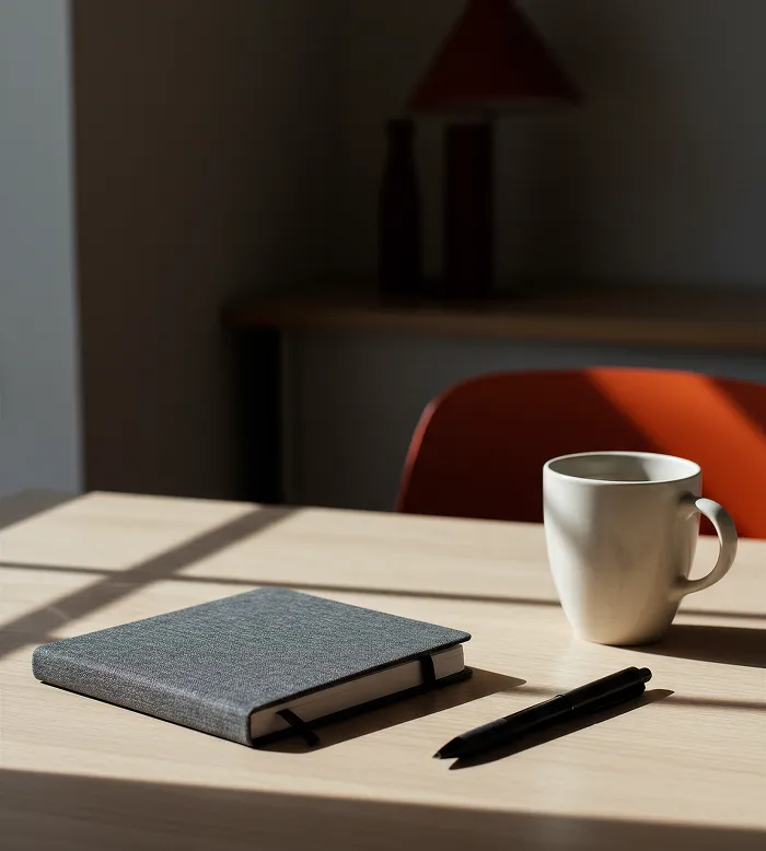 Gray notebook, pen, and white mug on a wooden table with sunlight and an orange chair behind.