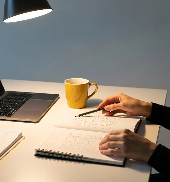 Hands holding pencil and notebook with sketches on a desk under a lamp, near a laptop and yellow mug.