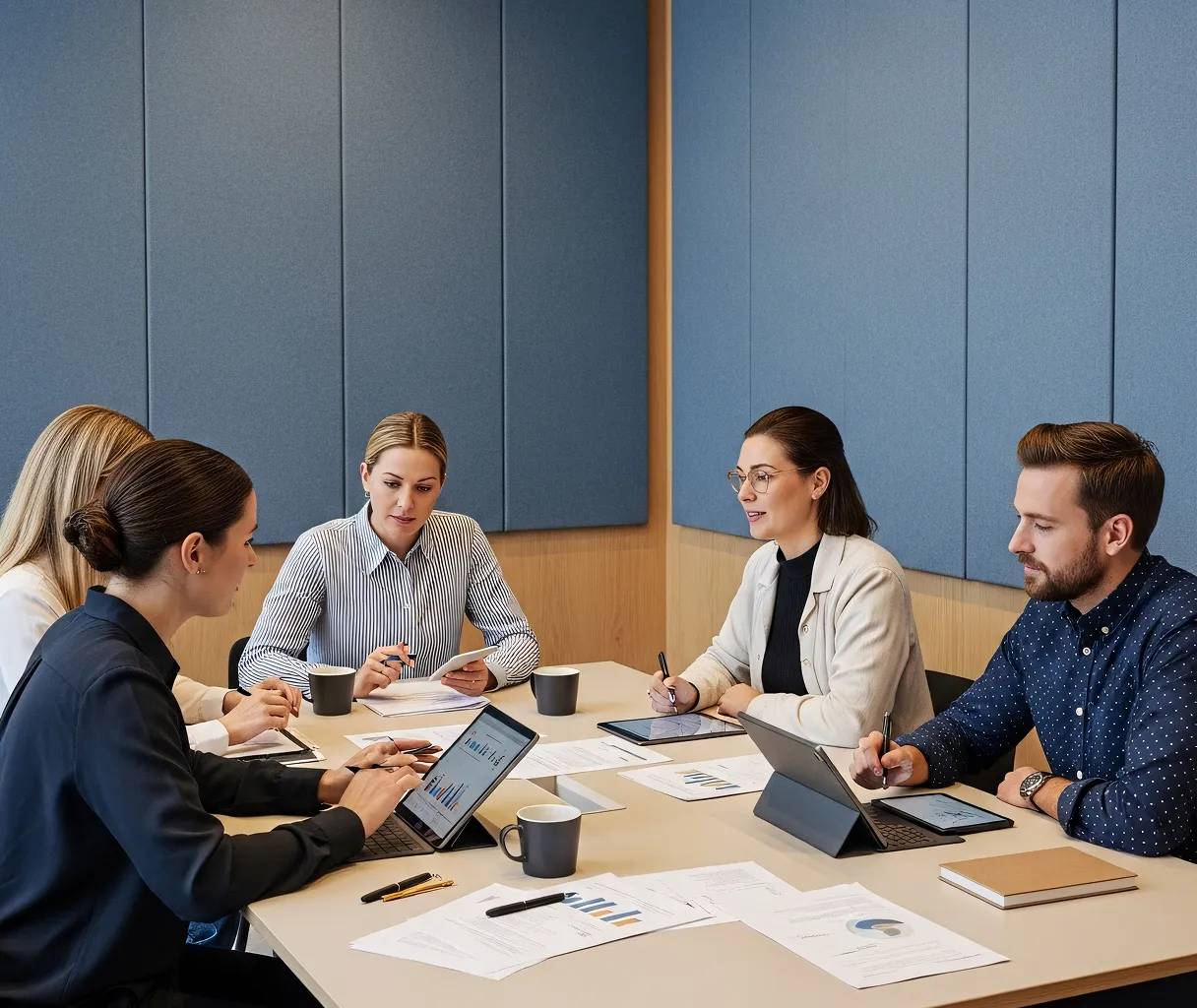 Five people sitting around a table in a meeting room with laptops, tablets, papers, and coffee cups.