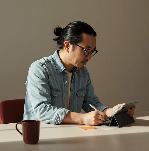 Man with glasses using a stylus on a tablet at a table with a coffee mug and sticky notes.