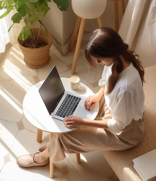 Woman in white blouse and beige pants sitting on a sofa using a laptop on a small round table