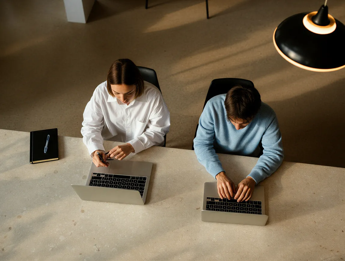 Two people sitting side by side working on laptops at a light-colored table under a hanging lamp.