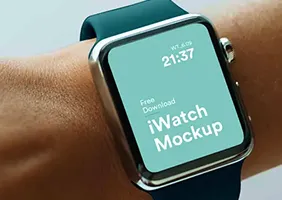 Smartwatch with dark band on wrist displaying time and 'Free Download iWatch Mockup' text.