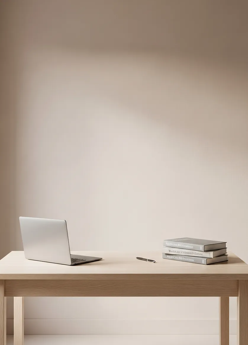 Minimalist wooden desk with a closed laptop, a pen, and a stack of three books against a beige wall.
