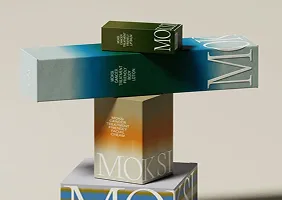 Stack of four gradient-colored rectangular boxes with 'MOKSH' text in varying sizes.