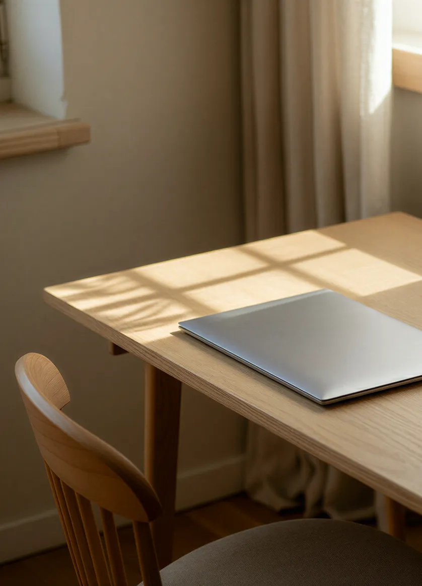 Closed laptop on a wooden table with sunlight casting window shadows in a cozy room.