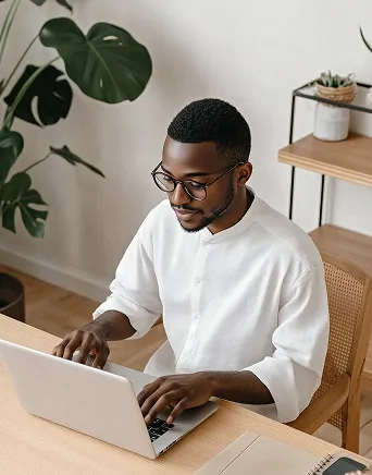 Man wearing glasses and a white shirt typing on a laptop at a wooden desk with plants nearby.