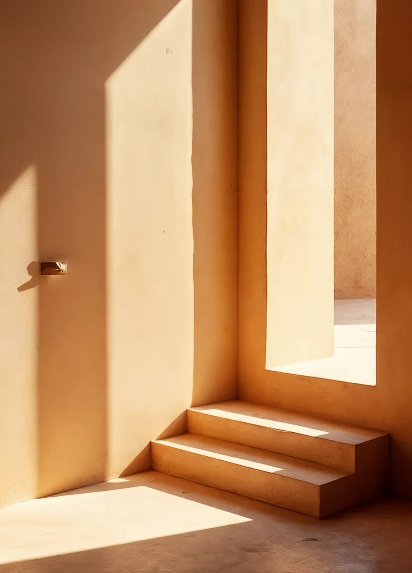 Sunlit minimalist beige stairway with sharp shadows and a rectangular open doorway.