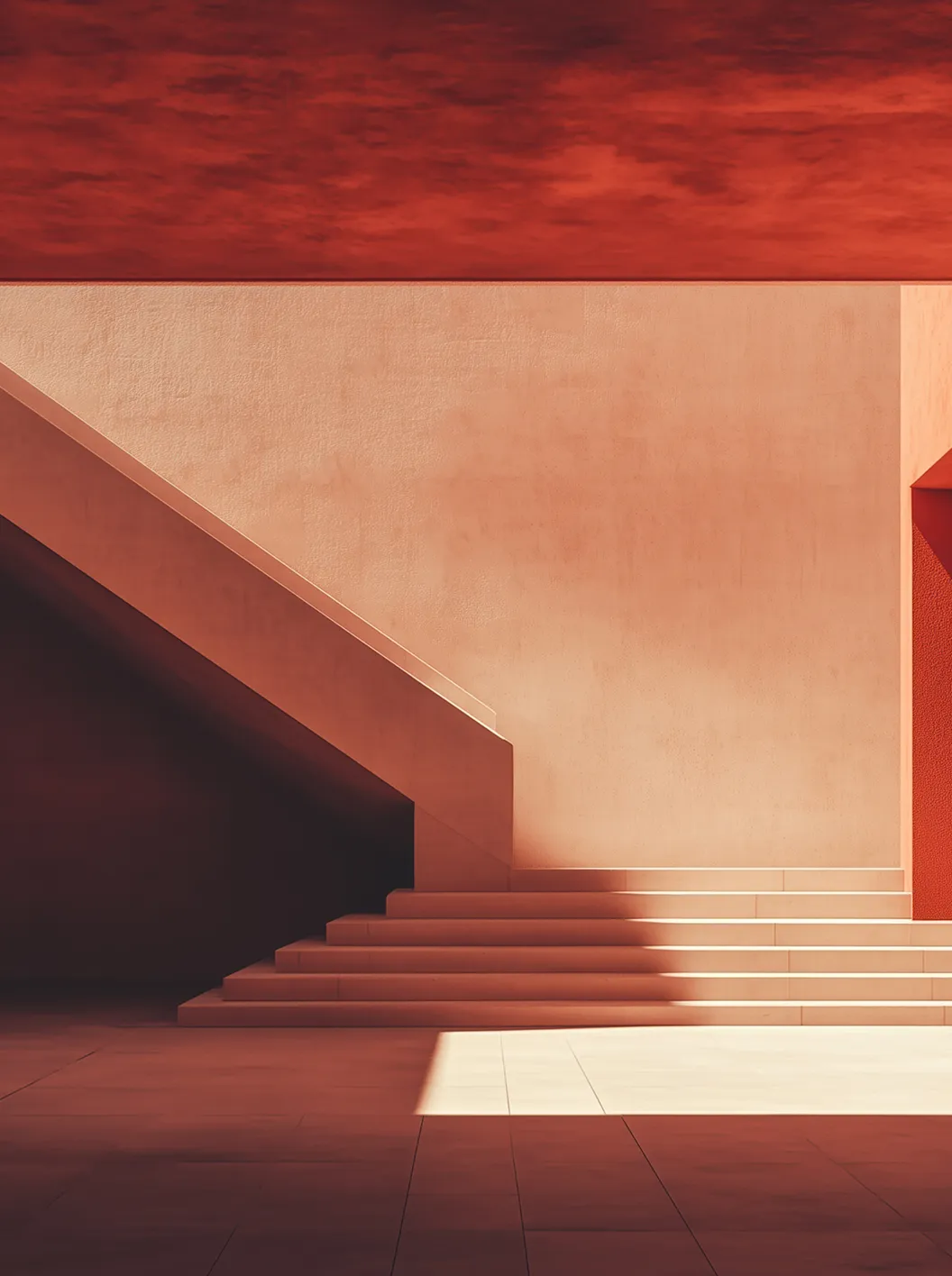 Minimalist staircase and shadow with warm light on textured peach walls and red sky background.