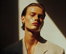Portrait of a person with slicked-back hair wearing a beige blazer in soft lighting.